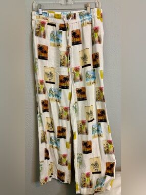 C&C California White Wide-Leg Pants with Tropical Print 55% linen